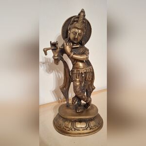 Vintage Fluting Lord Krishna Brass Sculpture Hand Crafted From India 11.5” tall